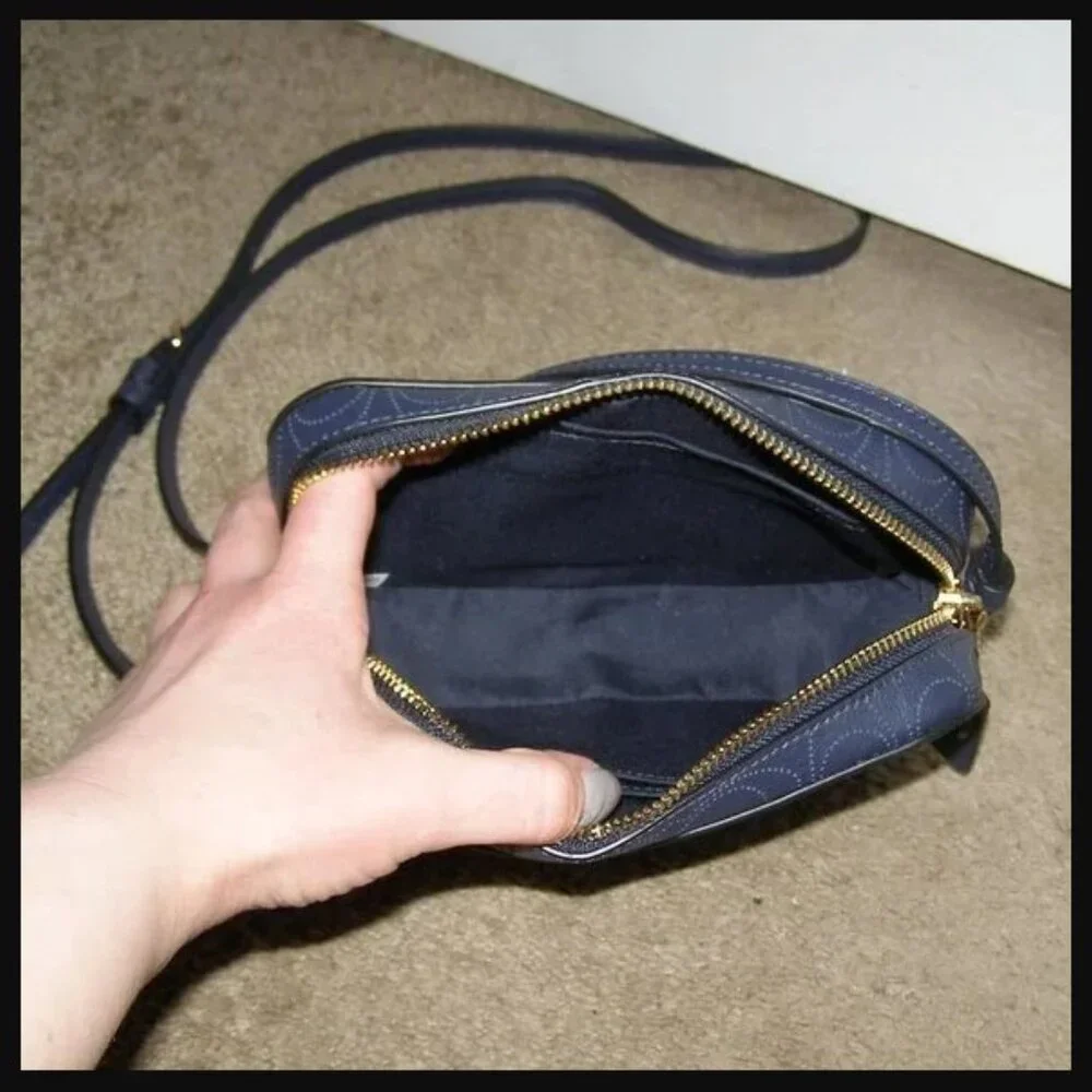 💙 NWOT Coach Navy Blue Perforated Leather Camera Bag Crossbody